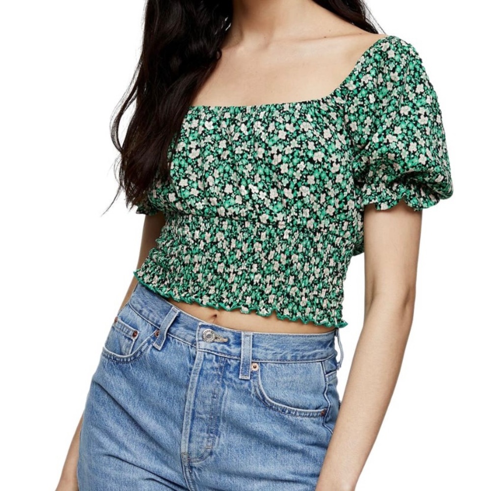Topshop Floral Puff Sleeve Crop Top
